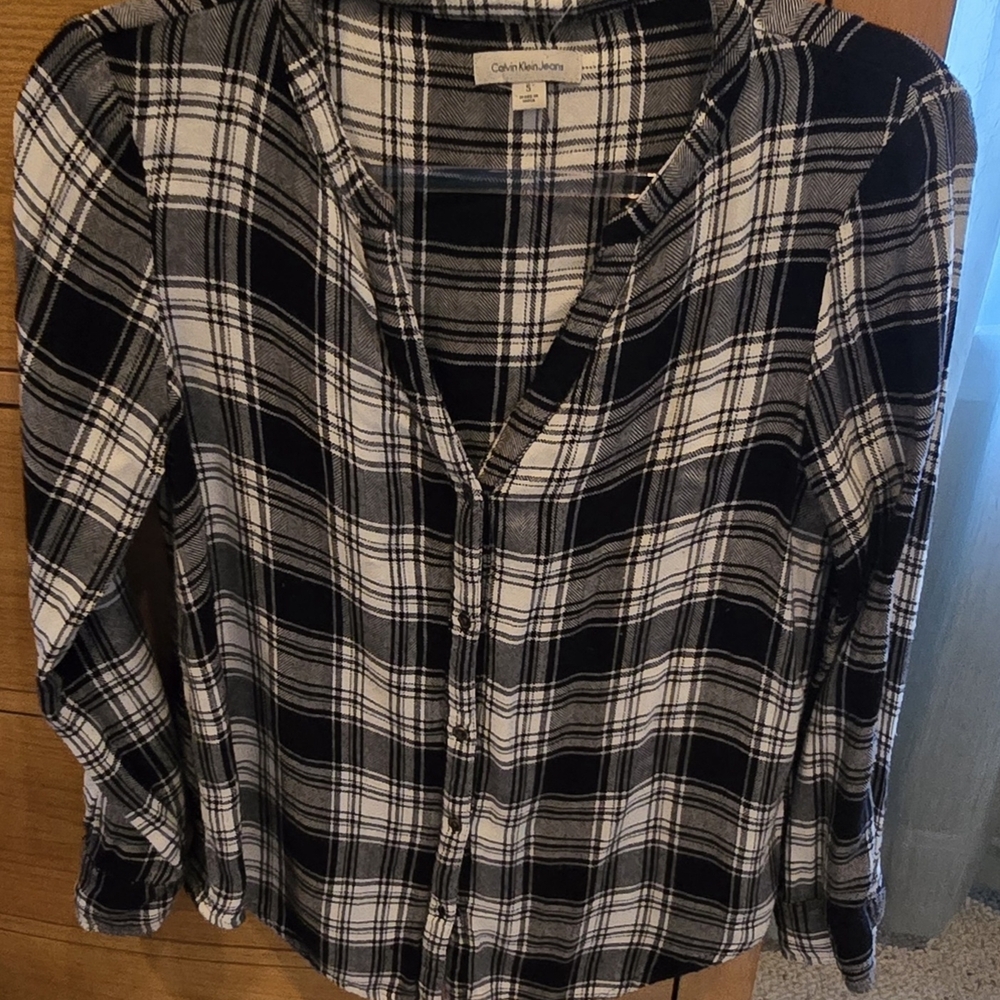 Calvin Klein Jeans Black and White Plaid Button-Down Shirt, Women's S
